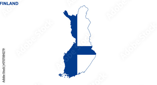 Finland map is filled with the blue and white pattern of the Finnish flag