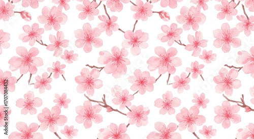 Watercolor Cherry Blossom Pattern on White Background.