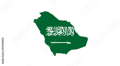 Green map of Saudi Arabia with the flag symbol centered on the map against a white background