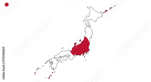 Japan flagthemed map Red circle Crimson color Isolated