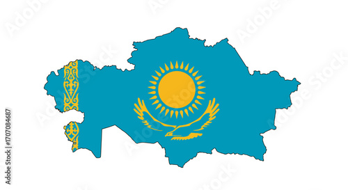 Kazakhstans flag within the countrys map featuring a sun eagle and traditional patterns