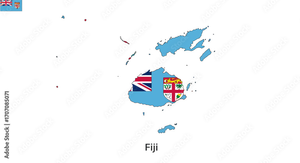 Obraz premium Map of Fiji with flag overlay islands scattered clean background