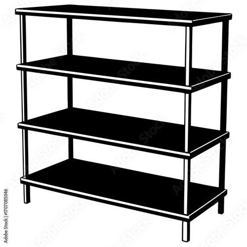 Four tier black metal shelving unit silhouette isolated on white background