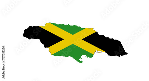 Map of Jamaica with its flag black triangles a yellow cross  green spaces filling the islands silhouette
