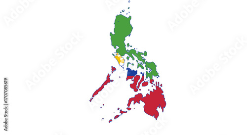 Philippine map segmented into green red blue and gold showcases its diverse regional divisions