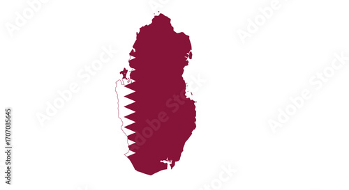 Qatars maroon flag is superimposed over its map outline on a white background