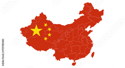 Red silhouette of China with yellow stars of the national flag in the upper left corner on a white background