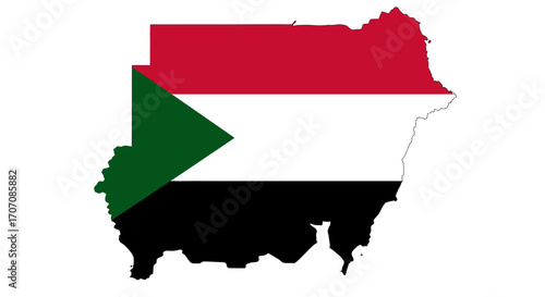 Sudan map filled with Sudanese flag colors red white black and a green triangle set against a white background