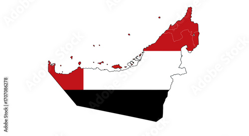 United Arab Emirates map colored like its flag red top white middle black bottom on a white background