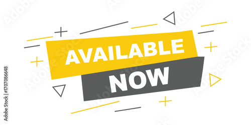 Bright yellow and dark gray banner announcing available now with abstract geometric shapes and lines