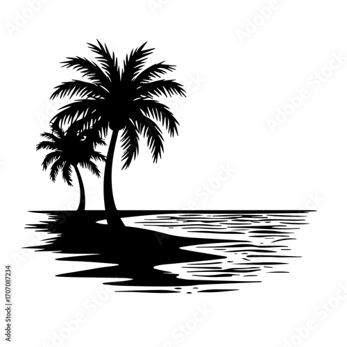silhouette of palm trees on the beach, palm, beach, tree, island, sea, summer, tropical, vector, sun, ocean, travel, nature, illustration, landscape, water, silhouette, paradise, sand, vacation, holid