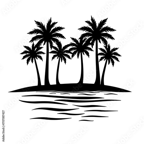 silhouette of palm trees on the beach, palm, beach, tree, island, sea, summer, tropical, vector, sun, ocean, travel, nature, illustration, landscape, water, silhouette, paradise, sand, vacation, holid