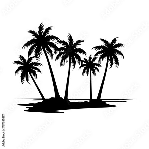 silhouette of palm trees on the beach, palm, beach, tree, island, sea, summer, tropical, vector, sun, ocean, travel, nature, illustration, landscape, water, silhouette, paradise, sand, vacation, holid