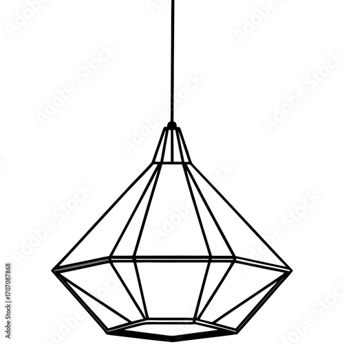 Geometric wireframe pendant light fixture silhouette hanging from a cord isolated on white background