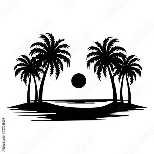 silhouette of palm trees on the beach, palm, beach, tree, island, sea, summer, tropical, vector, sun, ocean, travel, nature, illustration, landscape, water, silhouette, paradise, sand, vacation, holid
