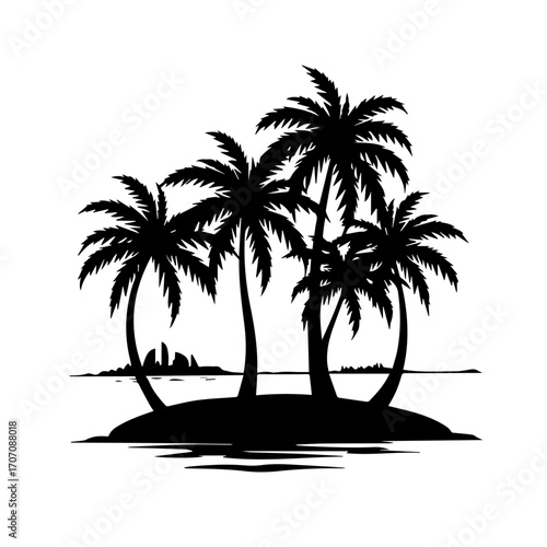 silhouette of palm trees on the beach, palm, beach, tree, island, sea, summer, tropical, vector, sun, ocean, travel, nature, illustration, landscape, water, silhouette, paradise, sand, vacation, holid