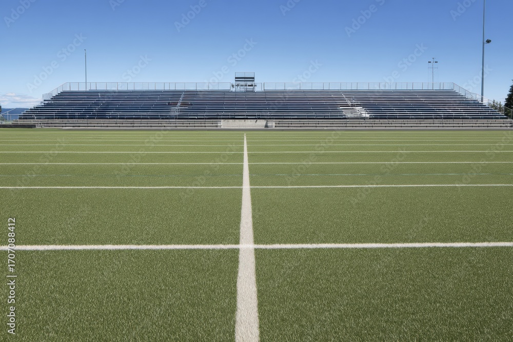 Fototapeta premium High-Quality Empty Soccer Stadium with Green Grass Field and White Grid Lines Modern Sports Venue for Professional Event Marketing and Inspiring Audience Engagement