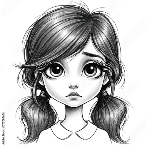 Illustration of sad little girl with big eyes and pigtails