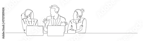Continuous line art of business men and women working in front of laptops and discussing. Busy business owner concept.

