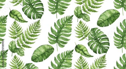 Watercolor Tropical Leaves Pattern on White Background Botanical Illustration.