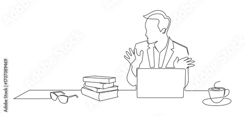 Continuous line art of a business man working in front of a laptop accompanied by a cup of coffee, a pile of books and glasses beside him. The concept of a busy business owner.