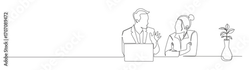 Continuous line art of a business man and woman working in front of a laptop while discussing with a pot of flowers beside them. The concept of a busy business owner.