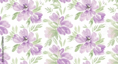 Watercolor Floral Pattern: Purple Flowers and Green Leaves.