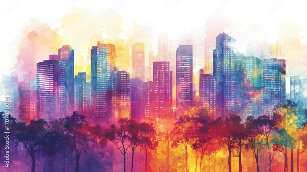 Fototapeta premium Colorful urban landscape with buildings and trees in daytime