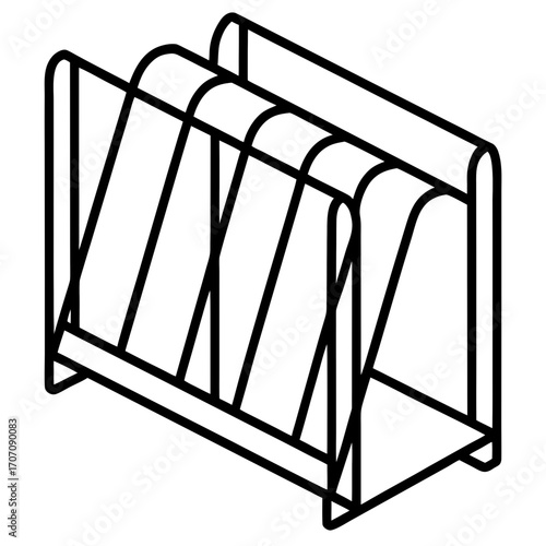 Isometric line art drawing of a metal magazine rack with four compartments isolated on white background silhouette