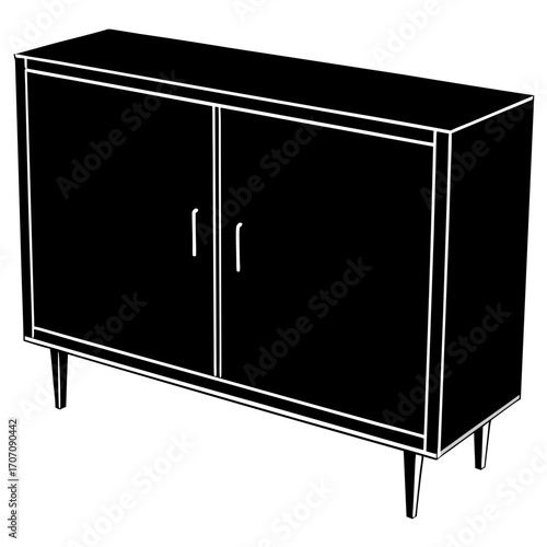 Retro mid century modern sideboard cabinet with double doors and tapered legs silhouette isolated on white background