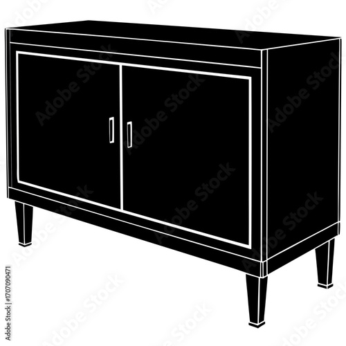 Modern black cabinet with two doors and four legs isolated on white background silhouette