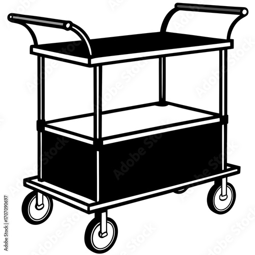 Black silhouette of a two tiered service cart with wheels and handles isolated on white background