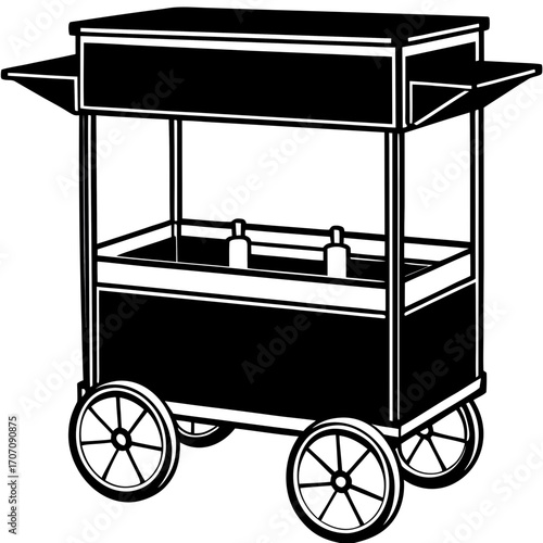 Black silhouette of a food cart with two bottles on a white background isolated on white background