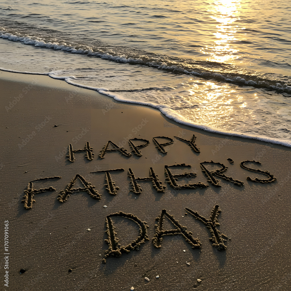 Fototapeta premium Happy Father's Day message written in the sand on a beach at sunrise.