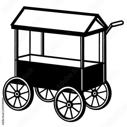 Black silhouette of a vintage food cart with a canopy and wheels isolated on white background