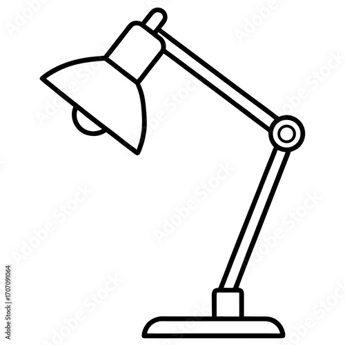 Simple black line art silhouette of a modern desk lamp isolated on white background