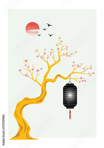 Illustration of a traditional japanese lantern hangs from a blossoming tree under a red sun