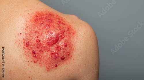 A very close-up and detailed macro shot of a human shoulder, showing a severe skin rash with small, red, fluid-filled blisters and irritated, swollen skin. 