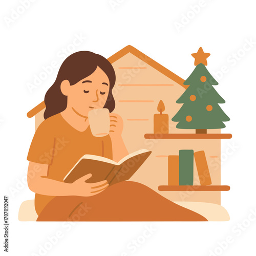 Flat vector illustration of woman reading book and drinking coffee at home with Christmas tree. Cozy holiday mood, hygge, relaxation and winter comfort concept