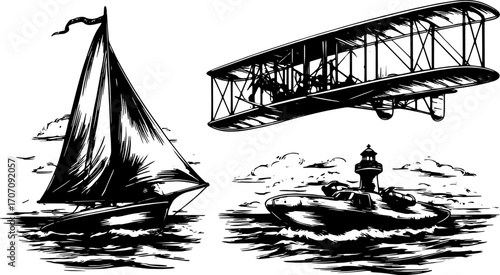 Vintage engravings of a sailboat, airplane, and lighthouse on the water. This set of line drawing illustrations captures scenic maritime transport in vector style.