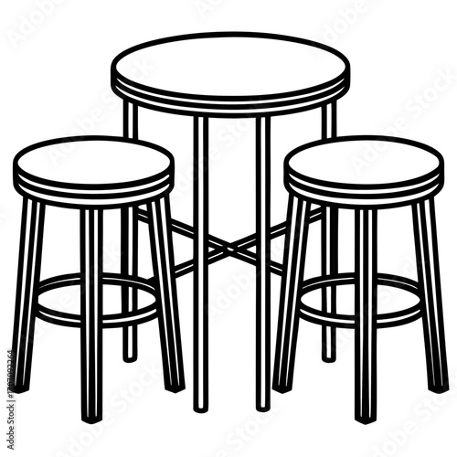 Simple outline drawing of a round bar table with two stools silhouette isolated on white background