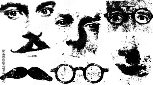 Vintage engraving drawing set featuring various faces, mustaches, and glasses. Detailed black line vector illustrations in a monochrome style.