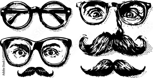 Vintage mustaches and glasses in a black and white line drawing style. This graphic set showcases various expressions in a vector illustration format.