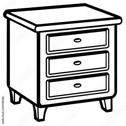A simple black and white line drawing of a three drawer nightstand silhouette isolated on white background