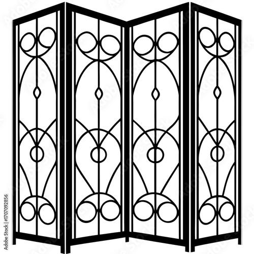 Decorative four panel folding screen with intricate geometric patterns silhouette isolated on white background