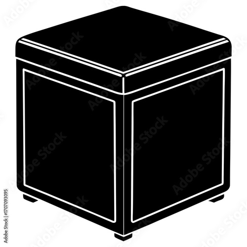 A black cube shaped ottoman with white trim details isolated on white background silhouette