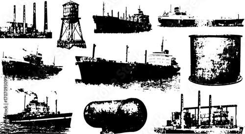 Vintage ship illustration set. Black outline drawings of various vessels and industry equipment in a vector format.