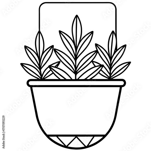 Stylized silhouette of a hanging potted plant with three leafy stems isolated on white background