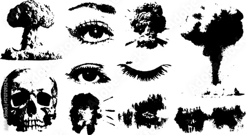 Mushroom explosion graphic with skull and eye in ink textures. Monochrome vector illustration set depicting themes of danger and destruction.