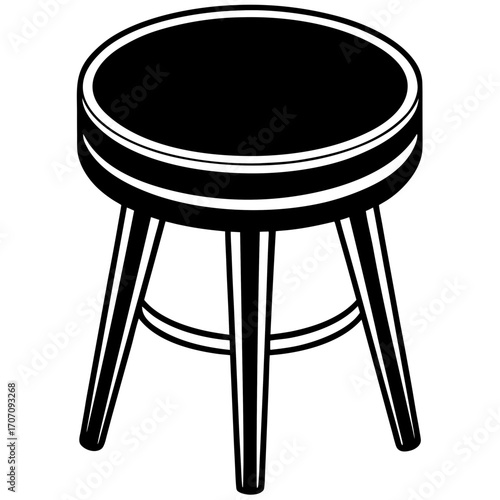 A simple black silhouette of a round wooden stool with three legs isolated on white background
